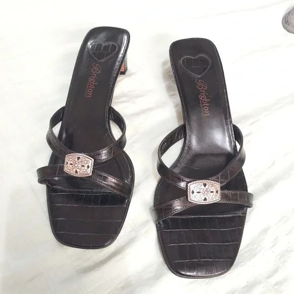 Brighton Black Croc-Embossed Strappy Slide Sandals Made In ITALY in Size 9M - Picture 2 of 9